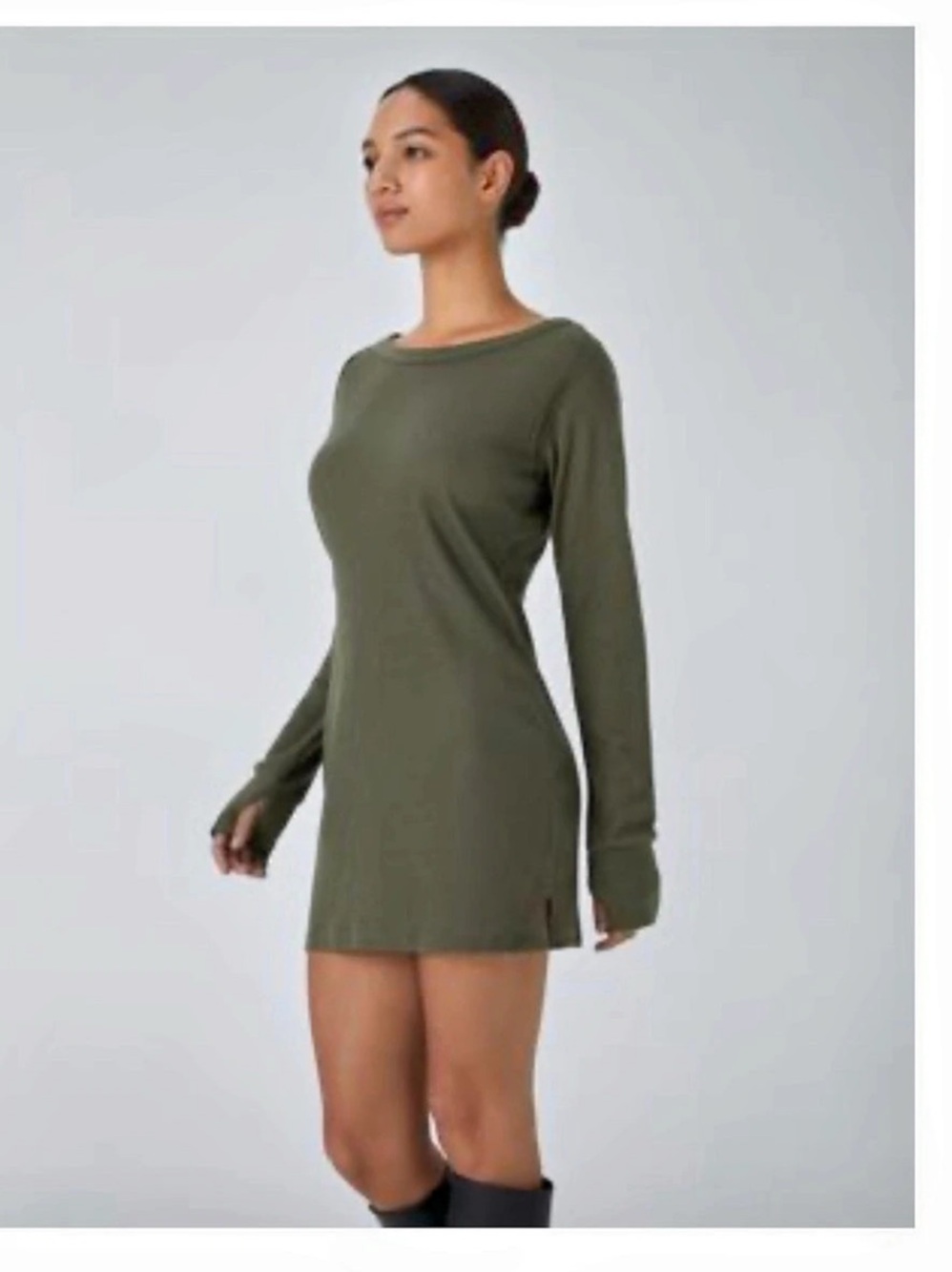 Waffle Dress Mini in Green thumb hole